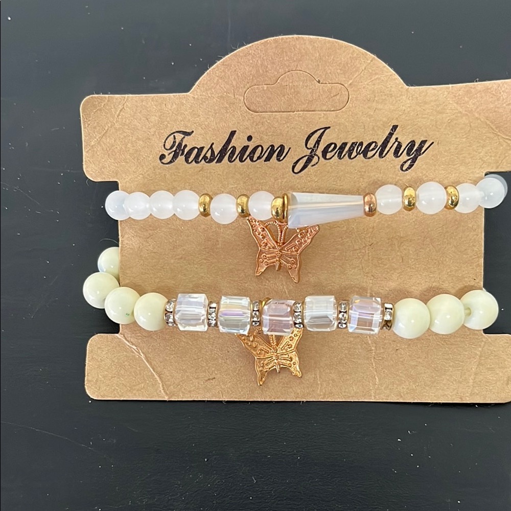 Fashion Jewelry Gold and White Beaded Bracelet Set
